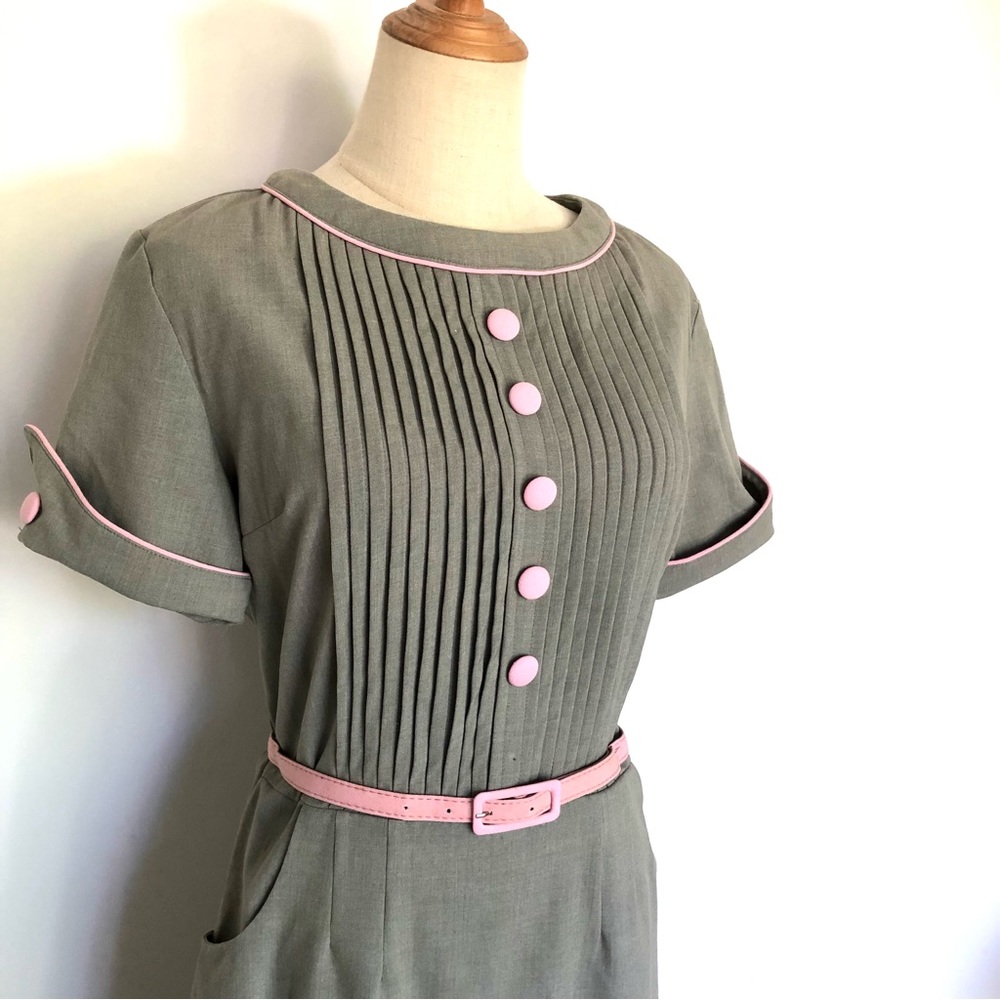 BETTY PAGE Wiggle Dress, Vintage Retro, Grey with Pink trim, Belt, Size XL (14) - Picture 2 of 8